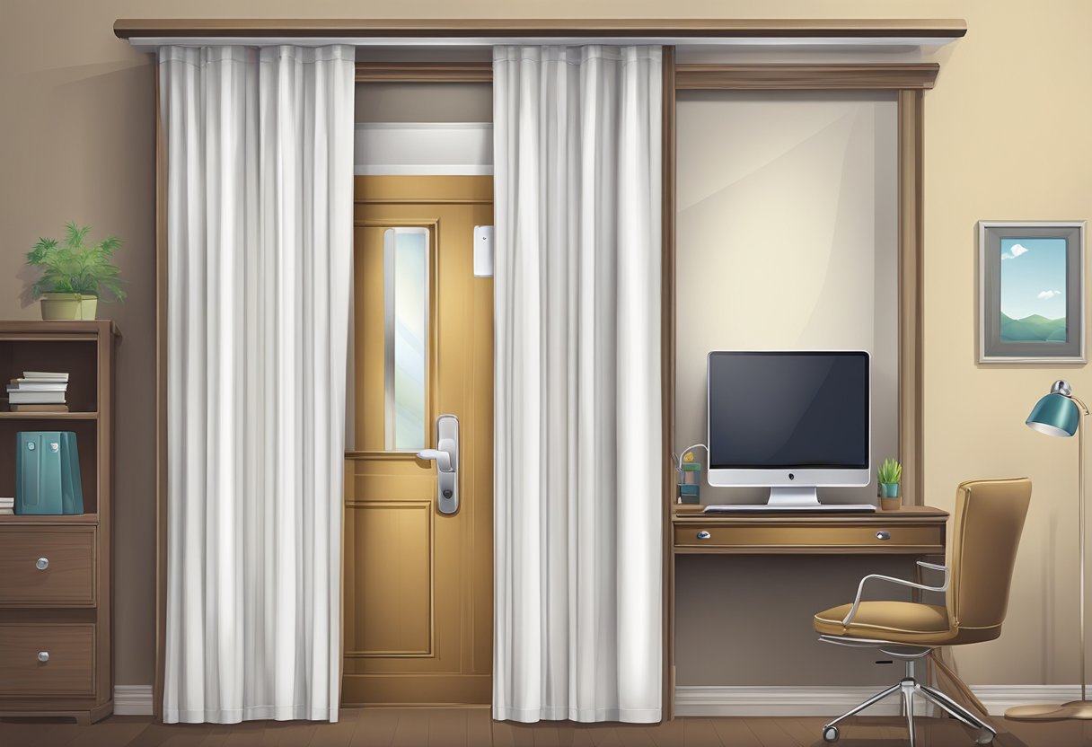 A closed door with a lock, curtains drawn, and a computer with a privacy screen