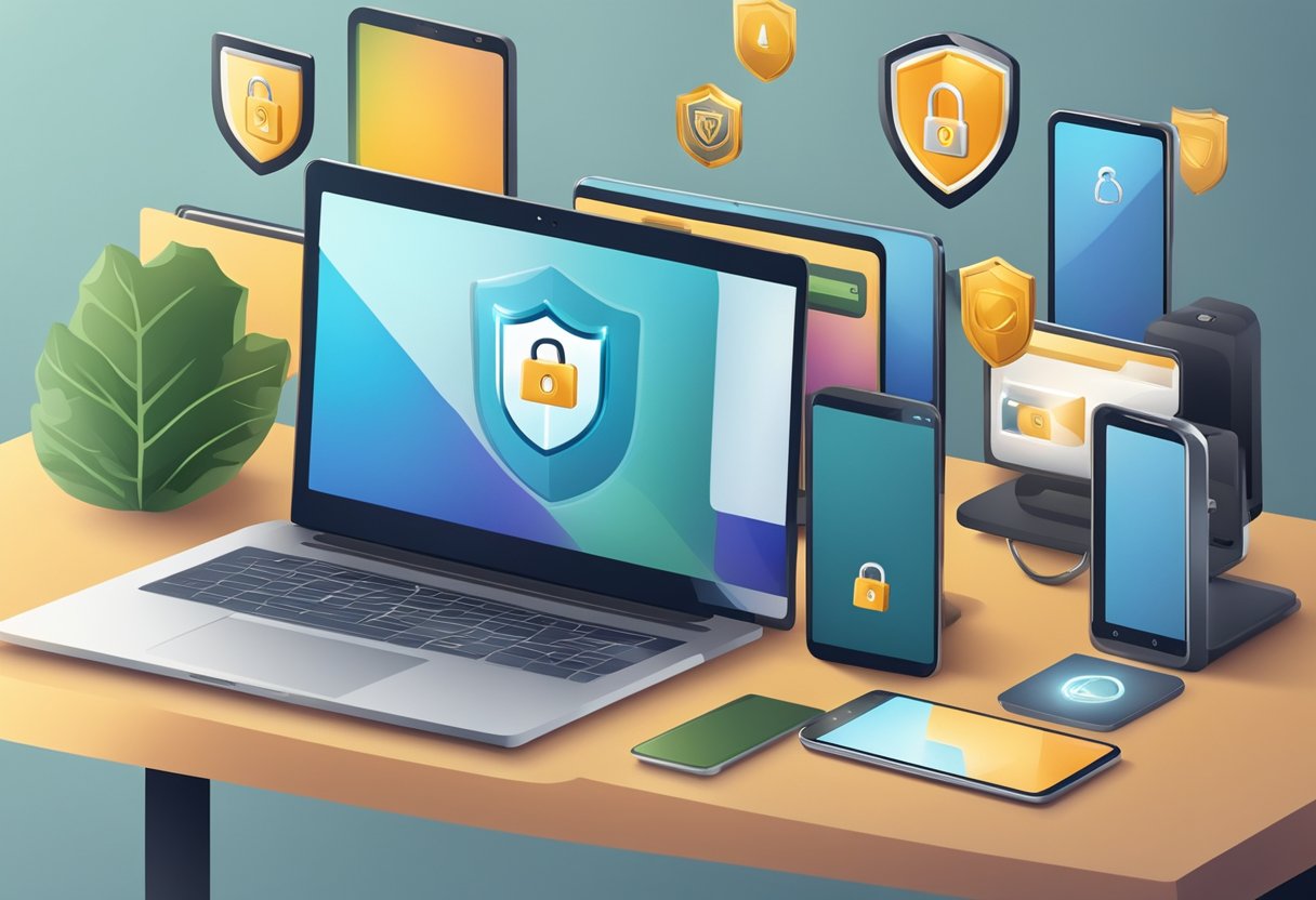 A laptop and smartphone sit on a table, surrounded by a secure lock icon and a shield symbol. A sense of privacy and security is conveyed through the imagery