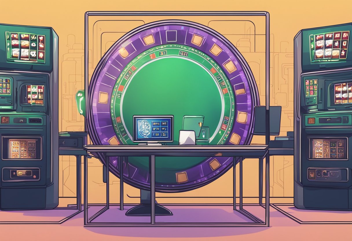 A figure sits at a computer, surrounded by a shield of privacy and security. The screen displays an online casino, with no identifying features visible