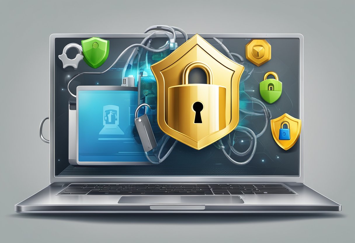 A laptop with a padlock symbol on the screen, surrounded by a shield and lock icon