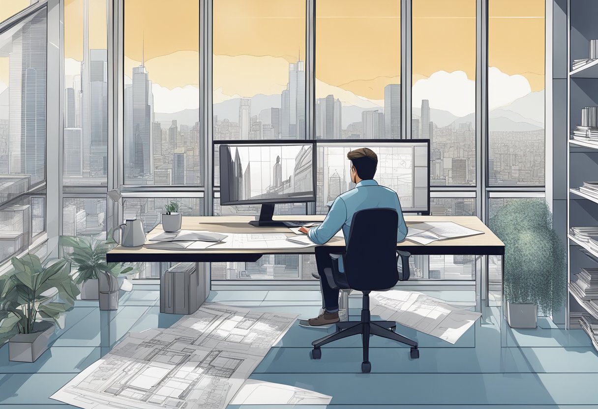 An architect working at a computer, surrounded by architectural drawings and blueprints, with a city skyline in the background