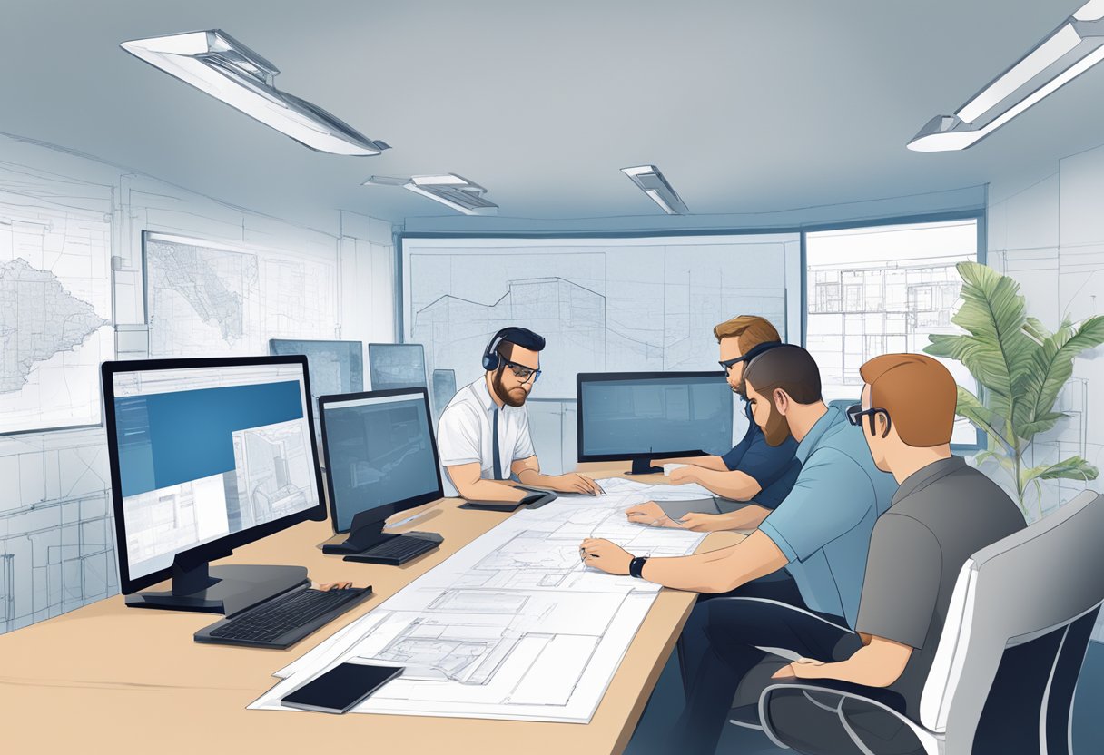 A team of architects working on blueprints and designs, with one member communicating with an offshore team via video conference