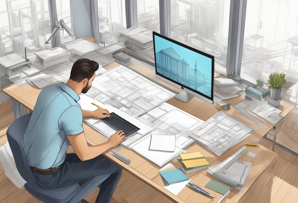 An architect working at a desk with a computer, drafting tools, and architectural drawings spread out