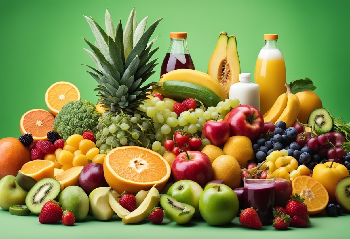 A colorful array of fruits, vegetables, dairy products, and lean proteins arranged around a toothbrush and dental floss