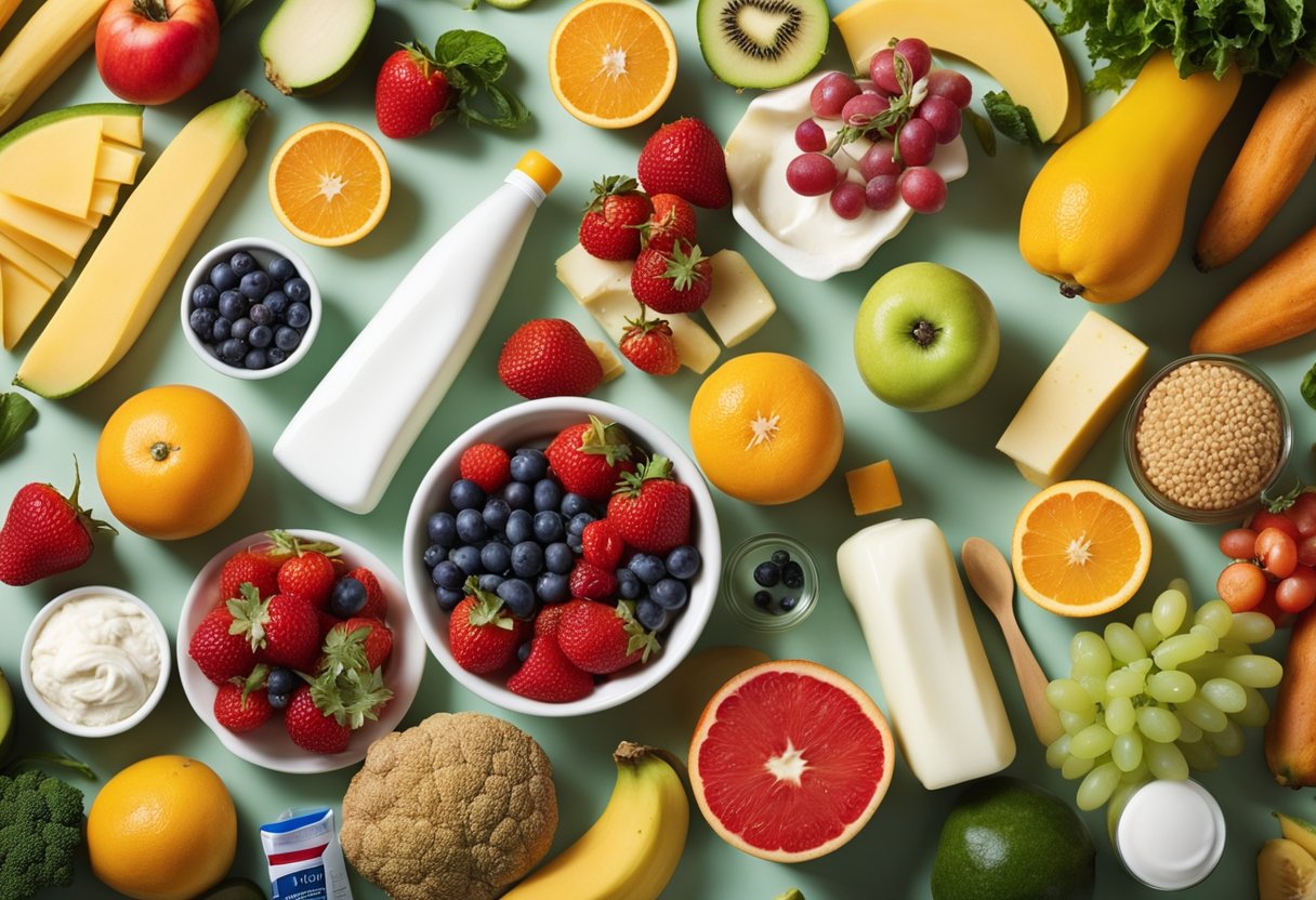 A colorful array of fruits, vegetables, and dairy products arranged on a table, with a toothbrush and toothpaste nearby