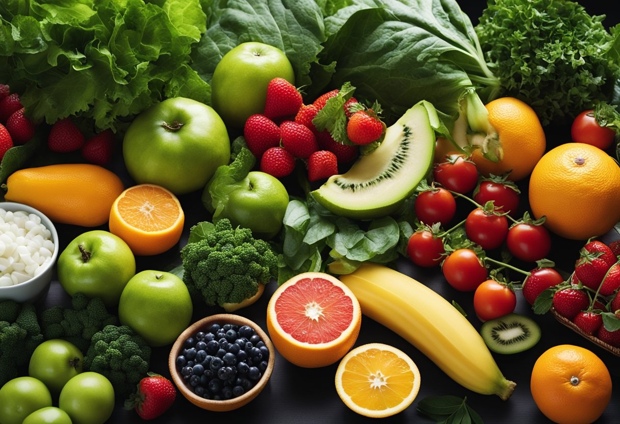 A vibrant assortment of fruits and vegetables, including berries, leafy greens, and citrus, arranged on a table with a toothbrush and dental floss