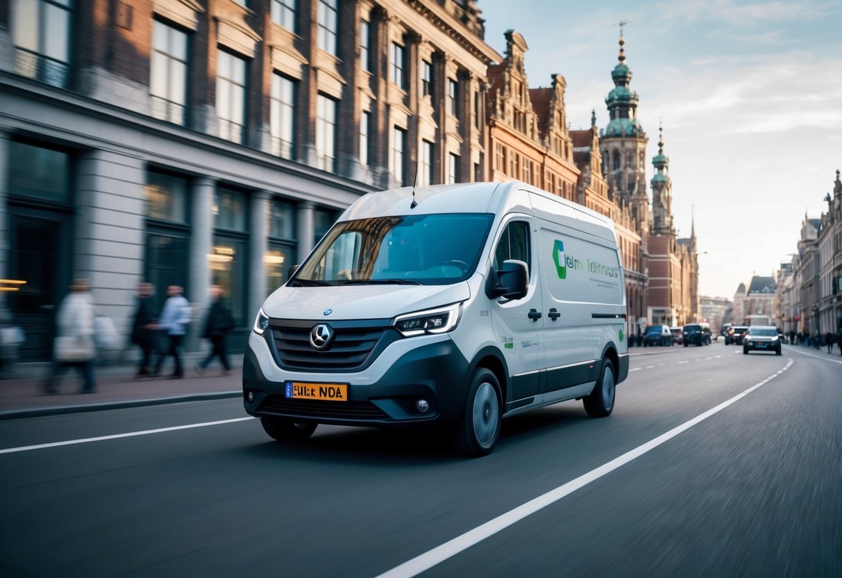 Een slanke, moderne elektrische bezorgbus raast door de straten van Den Haag, langs historische gebouwen en bruisend stadsleven.