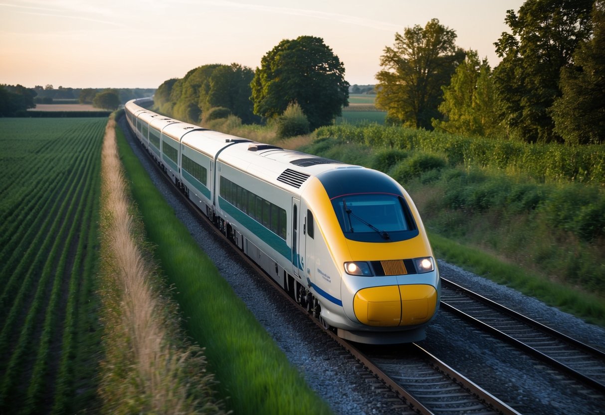 Een hogesnelheidstrein raast door het Belgische platteland, langs velden en bossen op weg naar zijn bestemming.