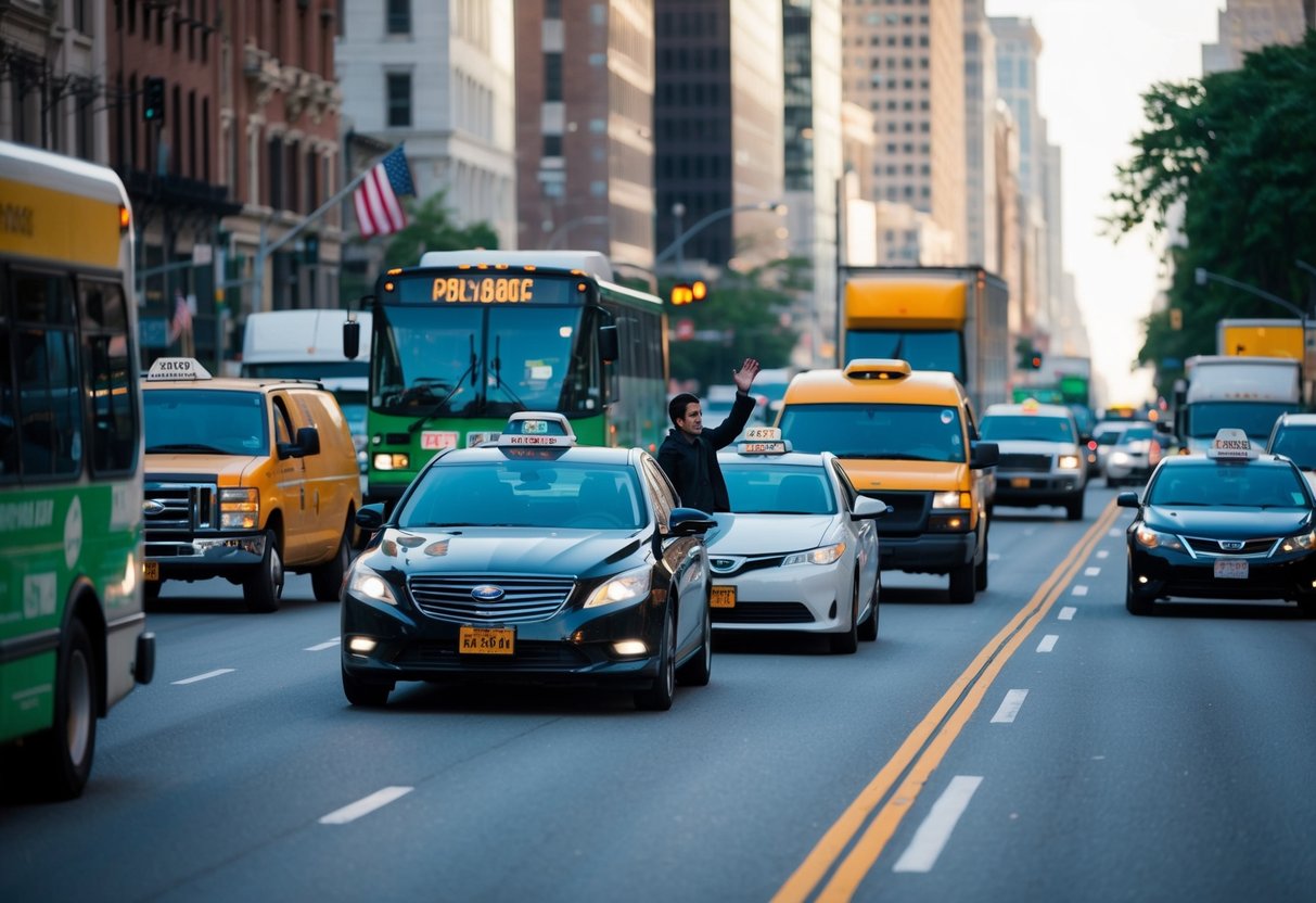 Een drukke stadsstraat met auto's, bussen en bezorgwagens die voorbijrazen, terwijl iemand een taxi of ritdeelvoertuig probeert aan te houden.