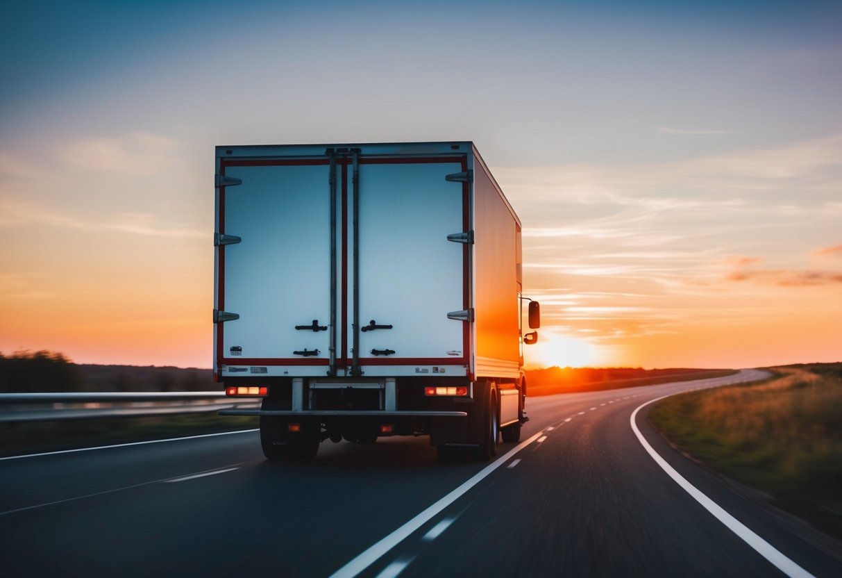 Een bezorgtruck die met hoge snelheid over een kronkelige weg rijdt bij zonsondergang