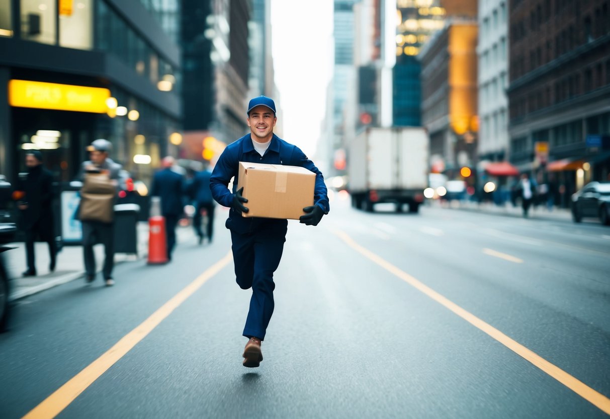 Een bezorger die met een pakket in de hand door een drukke stadsstraat rent