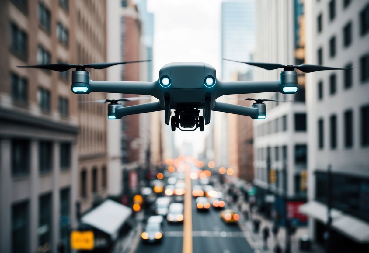 Een slanke, futuristische vracht drone zweeft boven een drukke stadsstraat, klaar om pakketten snel en betrouwbaar te bezorgen.