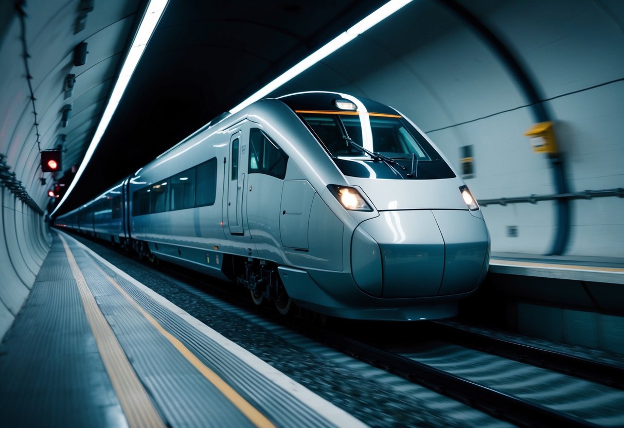 Een slanke, moderne trein die door een tunnel raast met zichtbare veiligheidskenmerken