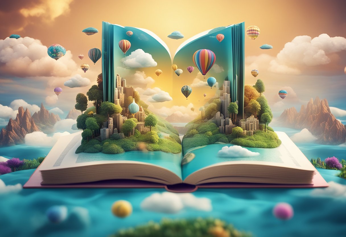 Sebuah buku 3D yang bermimpi mengapung di lanskap surreal, dengan warna-warna cerah dan gambar-gambar aneh yang memancar dari halamannya