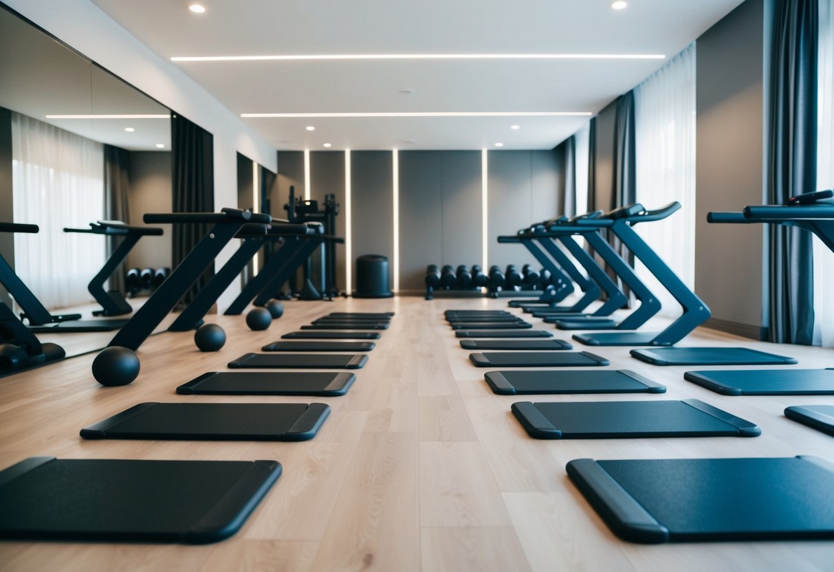 A modern home gym with 10 sleek walking pads arranged neatly in a spacious, well-lit room, ready for use in 2025