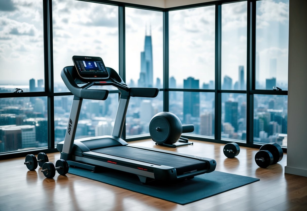 A modern living room with a treadmill, yoga mat, and weights, surrounded by large windows with a view of a city skyline