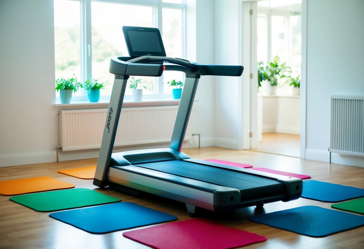 A modern, sleek treadmill surrounded by 10 colorful walking pads in a bright, airy home gym setting