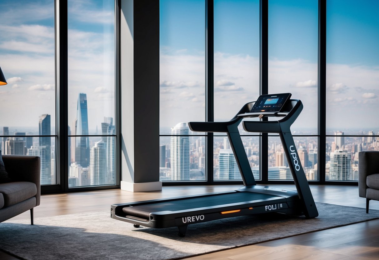 A modern living room with a Urevo Foldi 1 folding treadmill positioned in front of a large window overlooking a city skyline