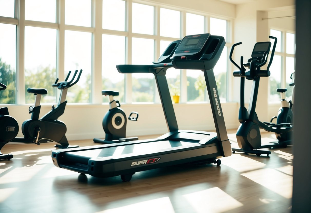 A sleek, compact treadmill sits in a bright, modern home gym surrounded by stylish workout equipment. Sunshine streams in through large windows, creating a warm and inviting atmosphere