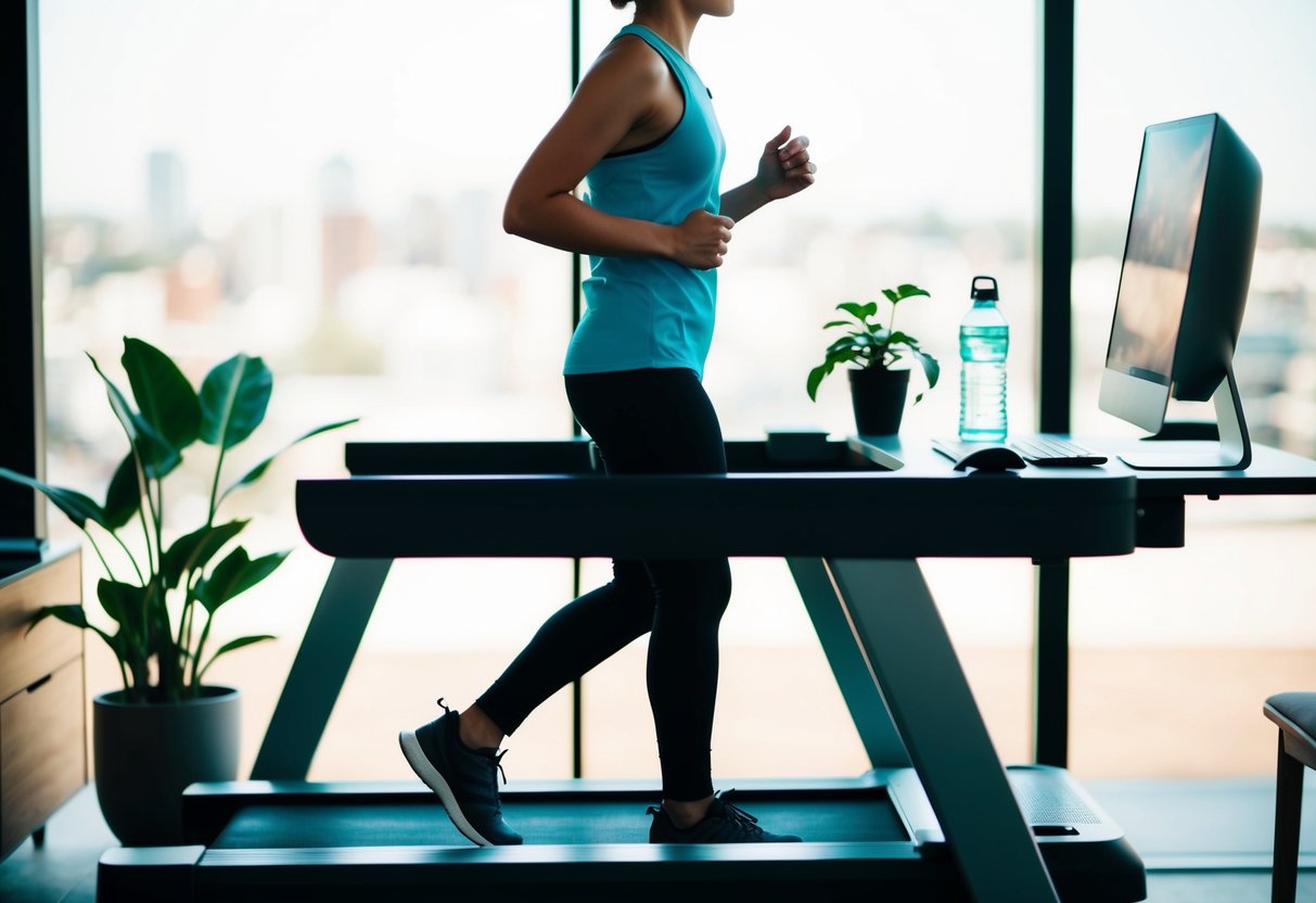 A person walking on a treadmill desk while working at a computer, with a water bottle and a plant on the desk