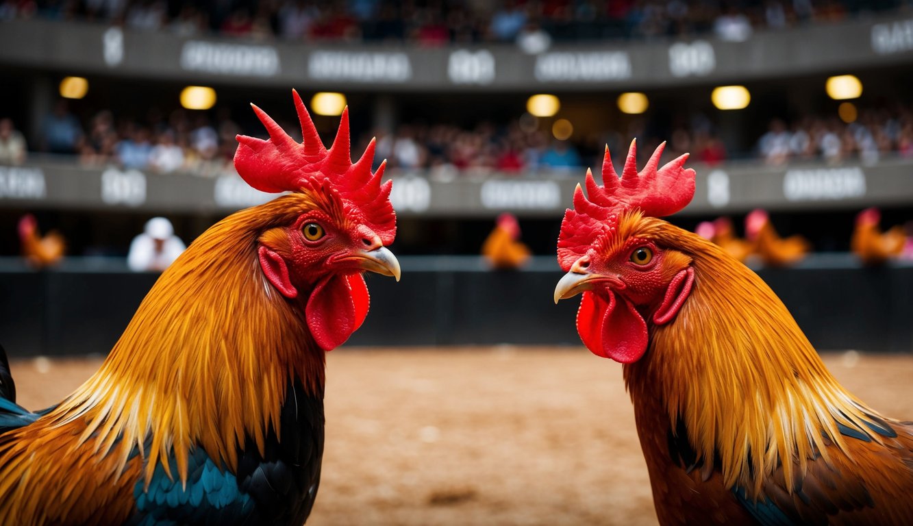 Dua ayam jantan berhadapan di arena sabung ayam online yang ramai dengan peluang menang yang tinggi