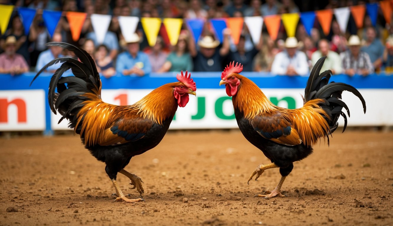 Dua ayam jantan berhadapan di arena tanah, dikelilingi oleh penonton yang bersorak dan spanduk berwarna-warni