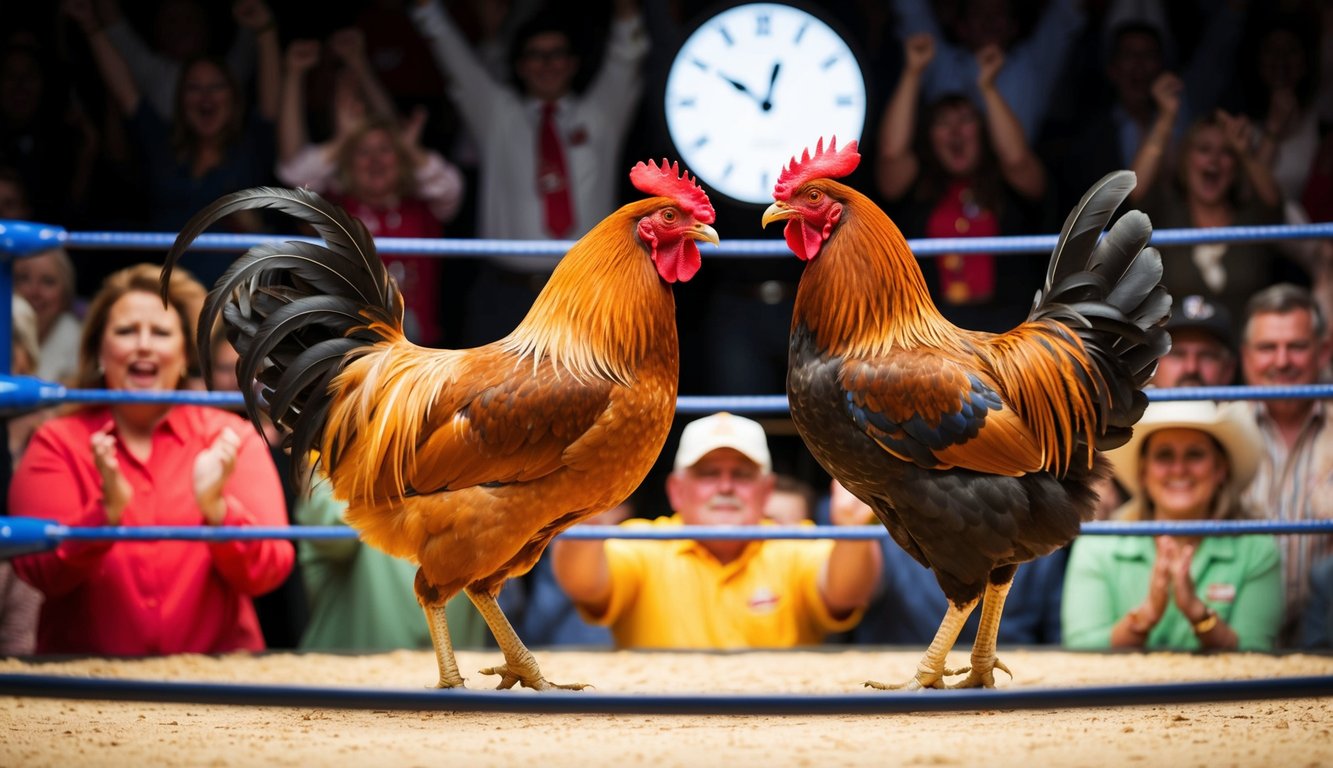 Seekor ayam jantan dan seekor ayam betina saling berhadapan di dalam ring, dikelilingi oleh kerumunan penonton yang bersorak-sorai, dengan jam yang menunjukkan layanan 24 jam