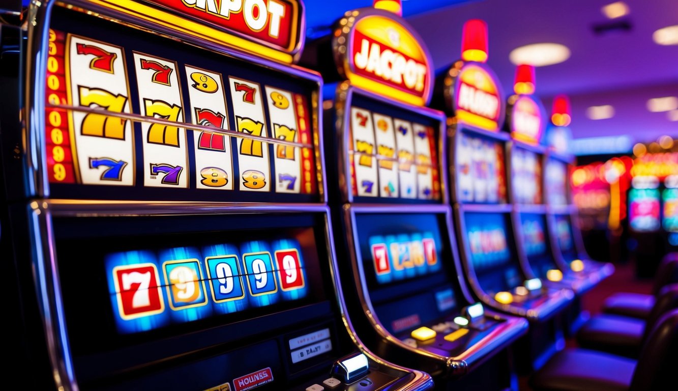 Sebuah mesin slot yang hidup dan modern dengan lampu berkedip dan tampilan jackpot besar yang bersinar