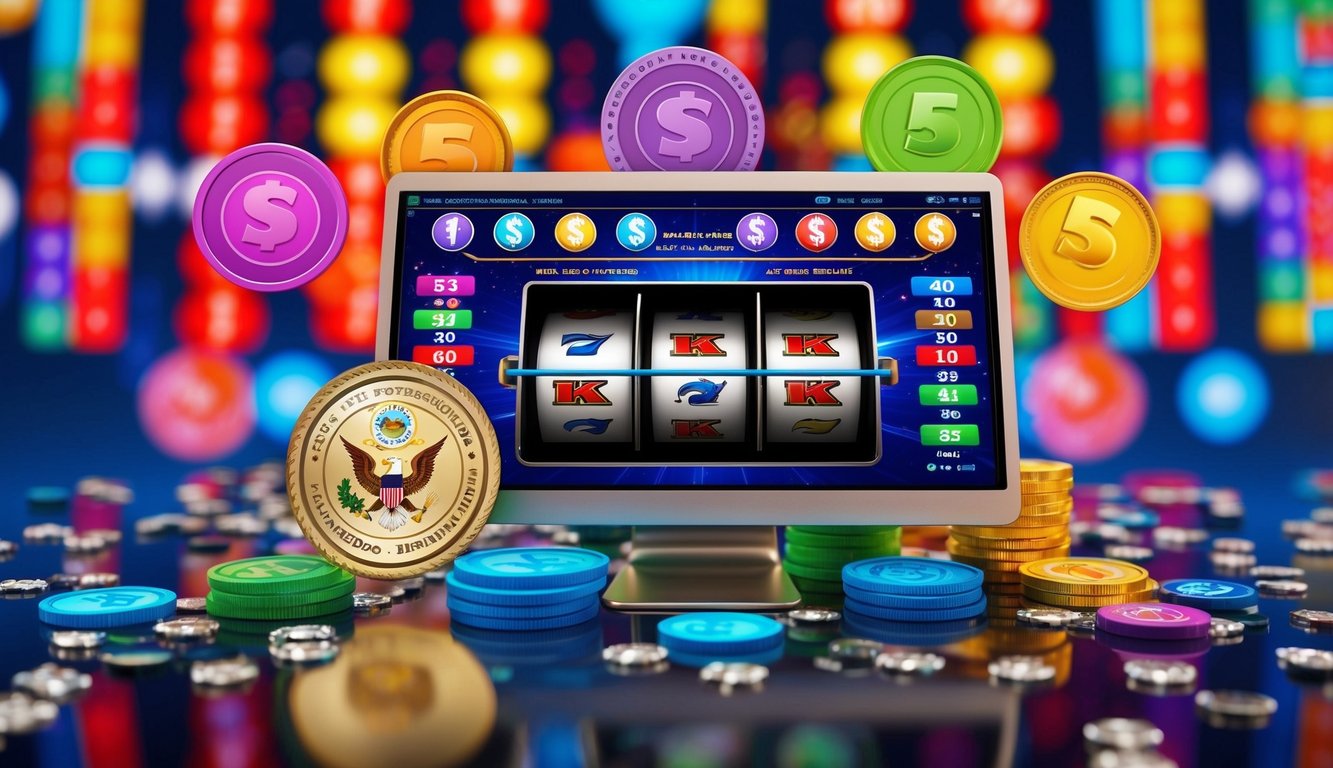 Sebuah mesin slot online yang cerah dikelilingi oleh simbol bonus yang berwarna-warni dan segel resmi