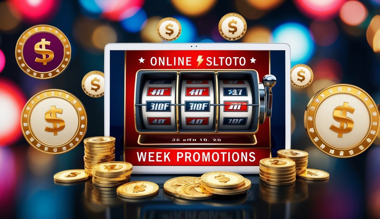 Mesin slot online yang hidup dikelilingi oleh simbol cashback dan promosi mingguan