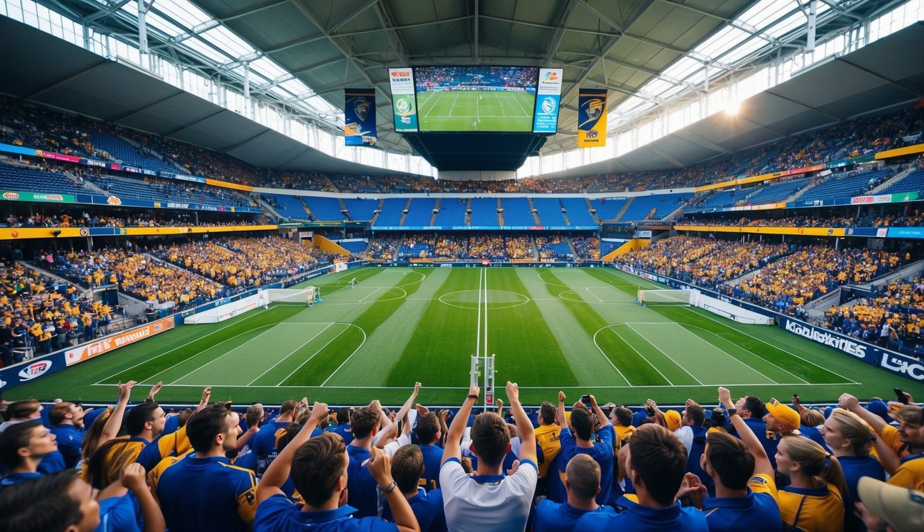 Sebuah stadion olahraga yang ramai dengan banyak lapangan dan tempat pertandingan, dikelilingi oleh penggemar yang antusias dan spanduk tim yang berwarna-warni