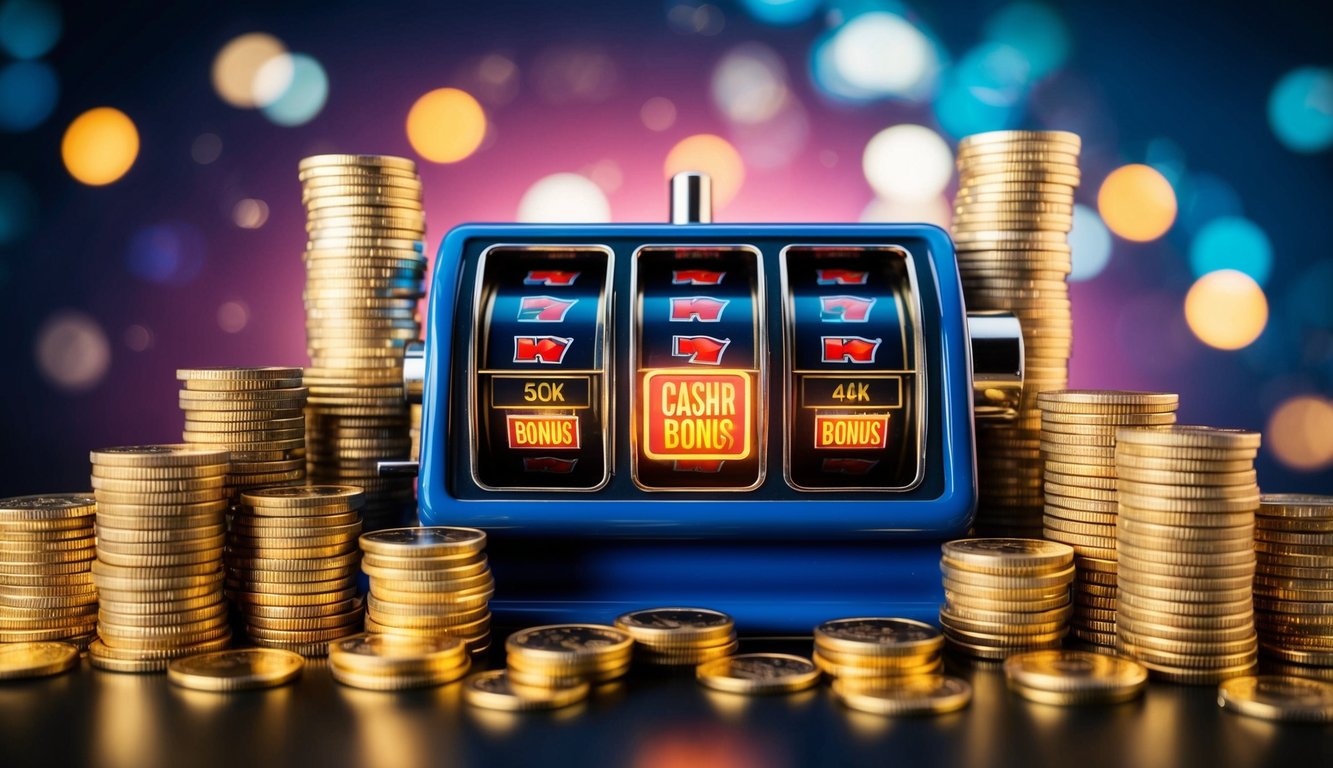 Sebuah mesin slot online yang cerah dikelilingi oleh tumpukan koin dan simbol bonus cashback yang bersinar