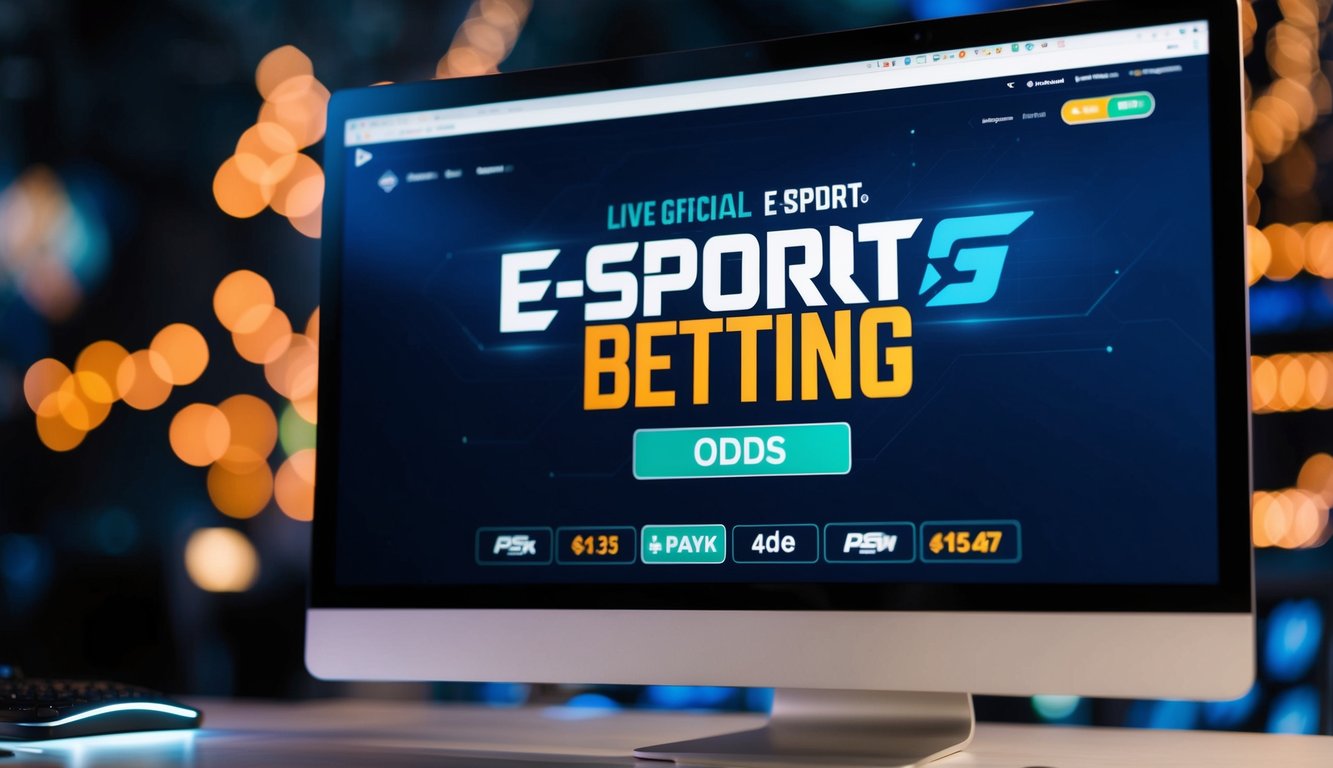 Sebuah layar digital yang menampilkan peluang taruhan E-sport secara langsung dengan merek platform online resmi