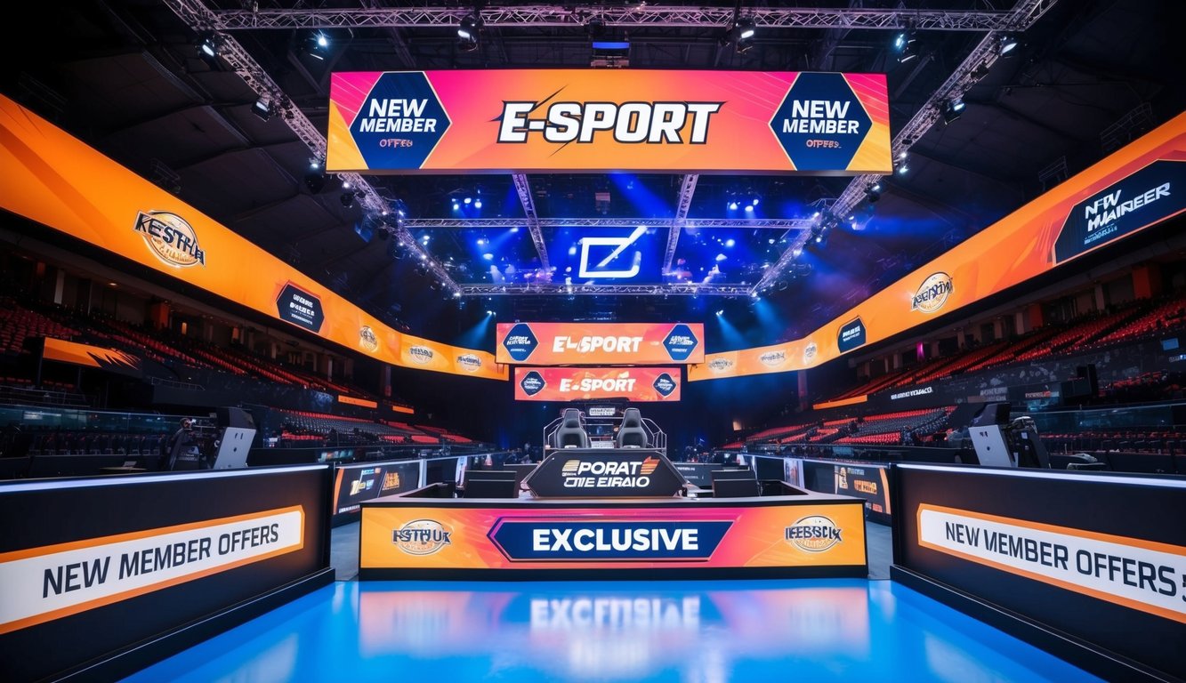 Sebuah arena e-sport yang hidup dengan spanduk promosi yang mencolok dan penawaran eksklusif untuk anggota baru