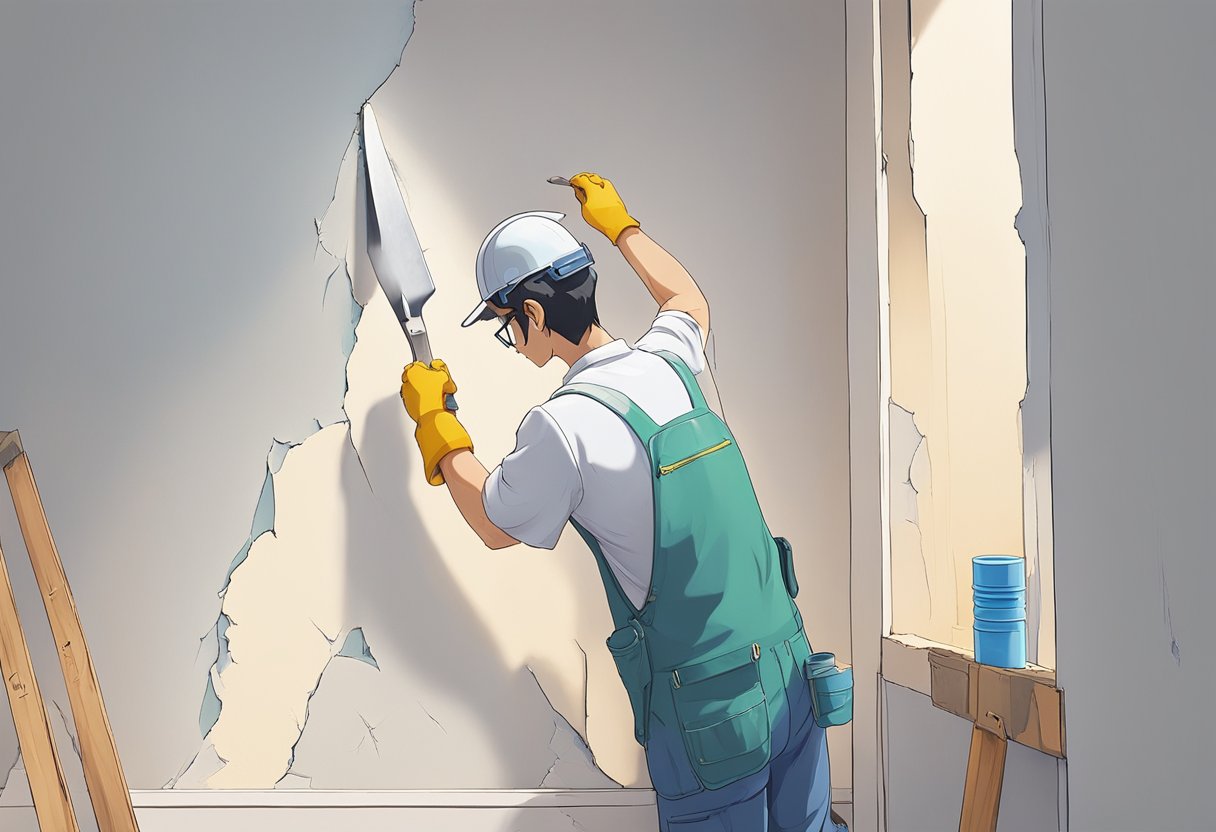 A person applying joint compound to a damaged section of drywall, smoothing it out with a putty knife, and then sanding it down for a seamless finish