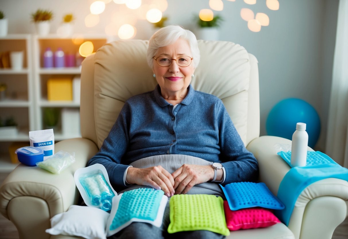 A senior person sitting in a comfortable chair, surrounded by various aids such as heating pads, ice packs, and medication bottles