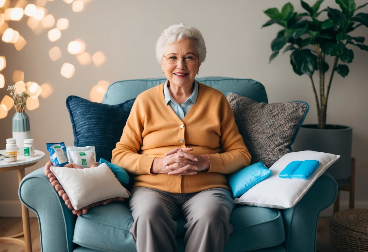 A senior person sitting in a cozy chair, surrounded by various tools for managing arthritis pain such as heating pads, ice packs, medication, and supportive cushions