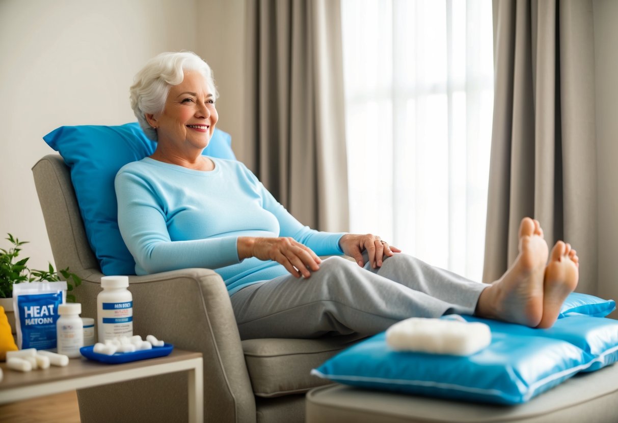 A senior person sitting in a comfortable chair, surrounded by heat packs, ice packs, and various medications. A gentle smile on their face as they engage in gentle stretching exercises