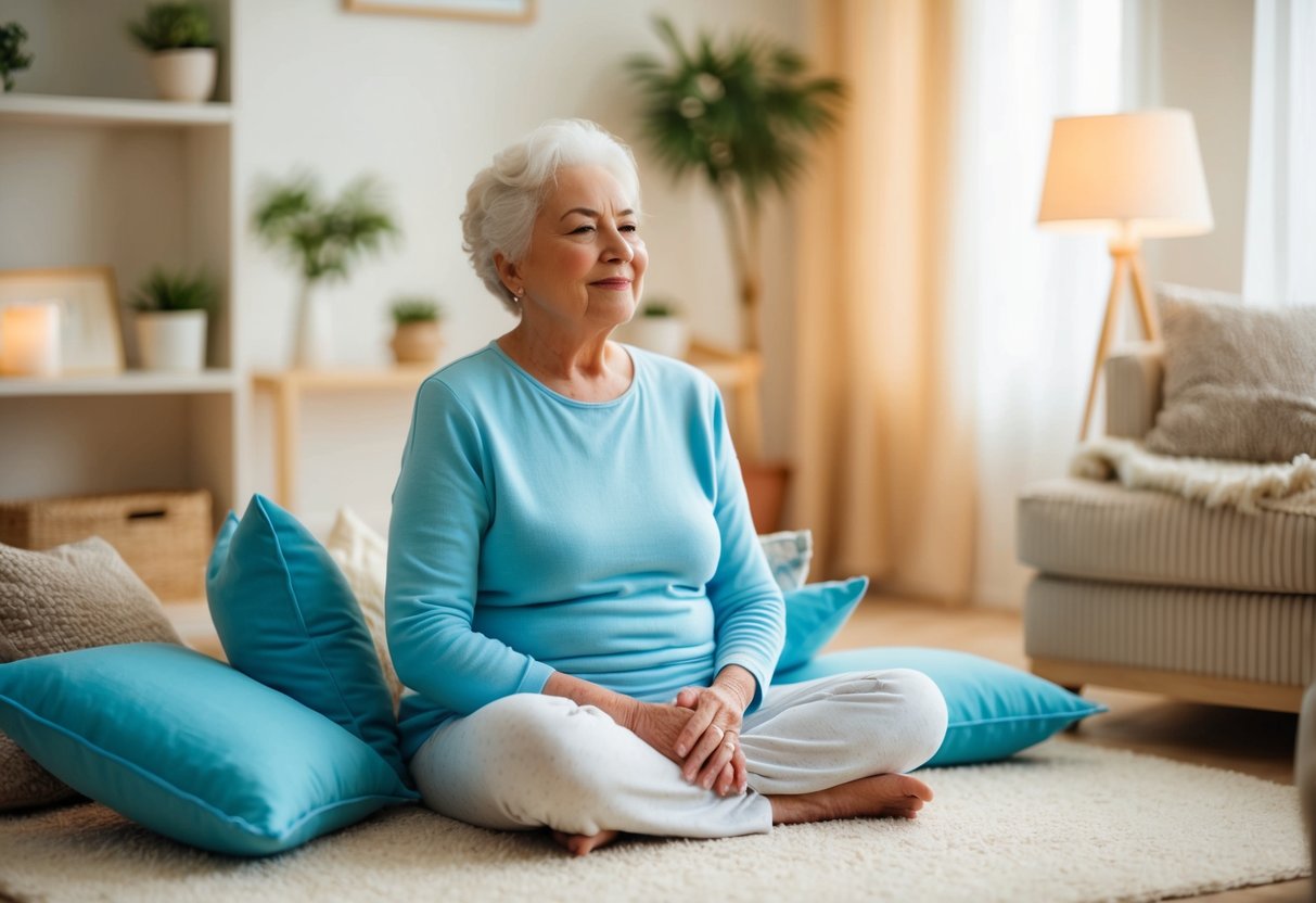 A serene elderly person sitting in a cozy, well-lit room, surrounded by supportive cushions, engaging in gentle exercises or relaxation techniques to manage arthritis pain