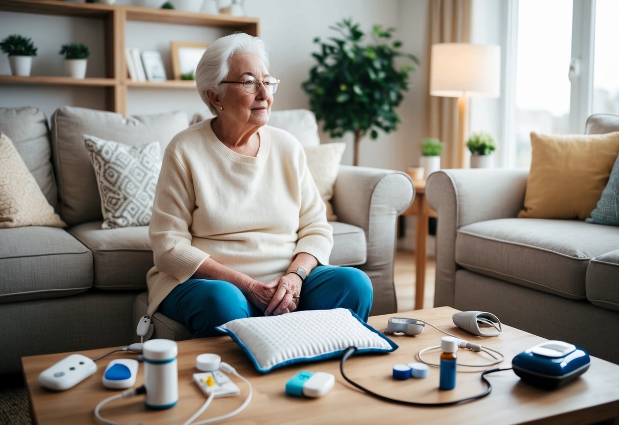 A serene elderly person sitting in a cozy living room, surrounded by various tools and aids for managing arthritis pain, such as a heating pad, medication, and assistive devices