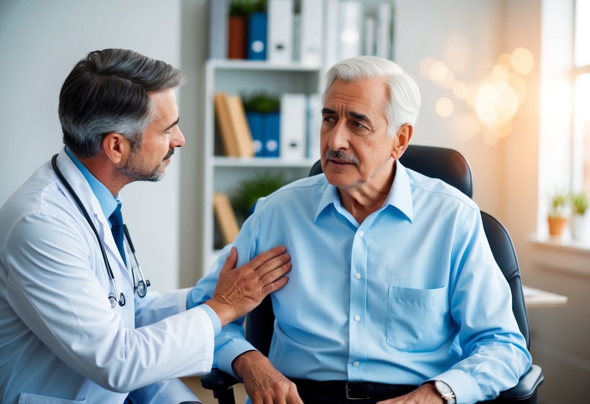 A senior person sitting in a doctor's office, discussing arthritis pain with a healthcare professional. The doctor is listening attentively and offering advice