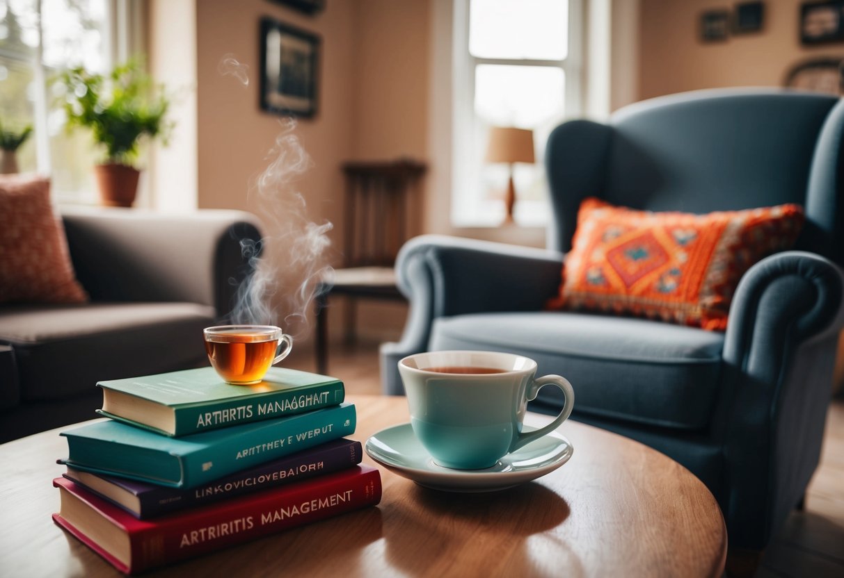 A cozy living room with a warm cup of tea, a comfortable chair, and a collection of books on arthritis management