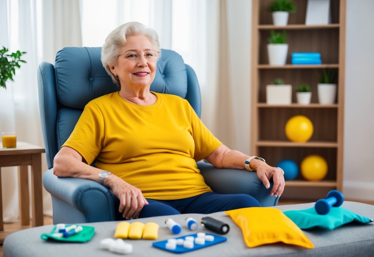 A senior person sitting in a comfortable chair, surrounded by various tools and resources for managing arthritis pain, such as medication, hot/cold packs, and exercise equipment