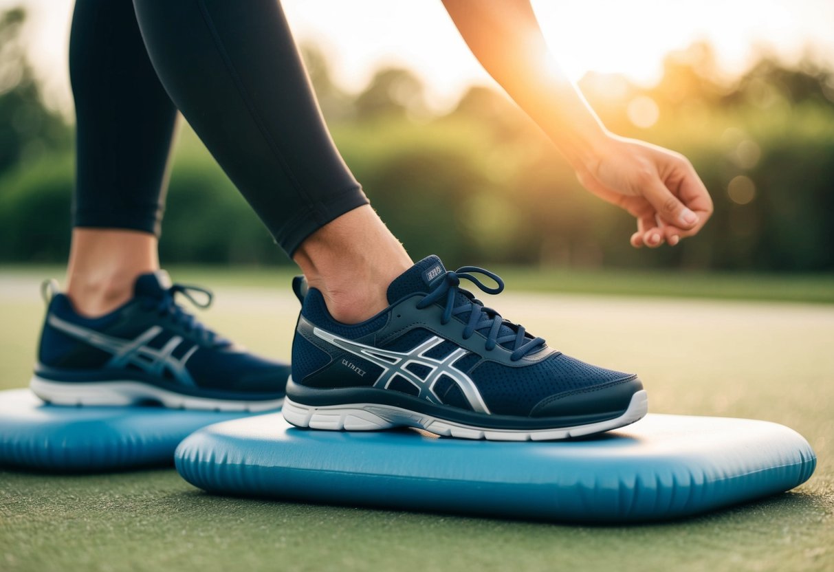 A person wearing supportive shoes while exercising on a cushioned surface to prevent joint injuries