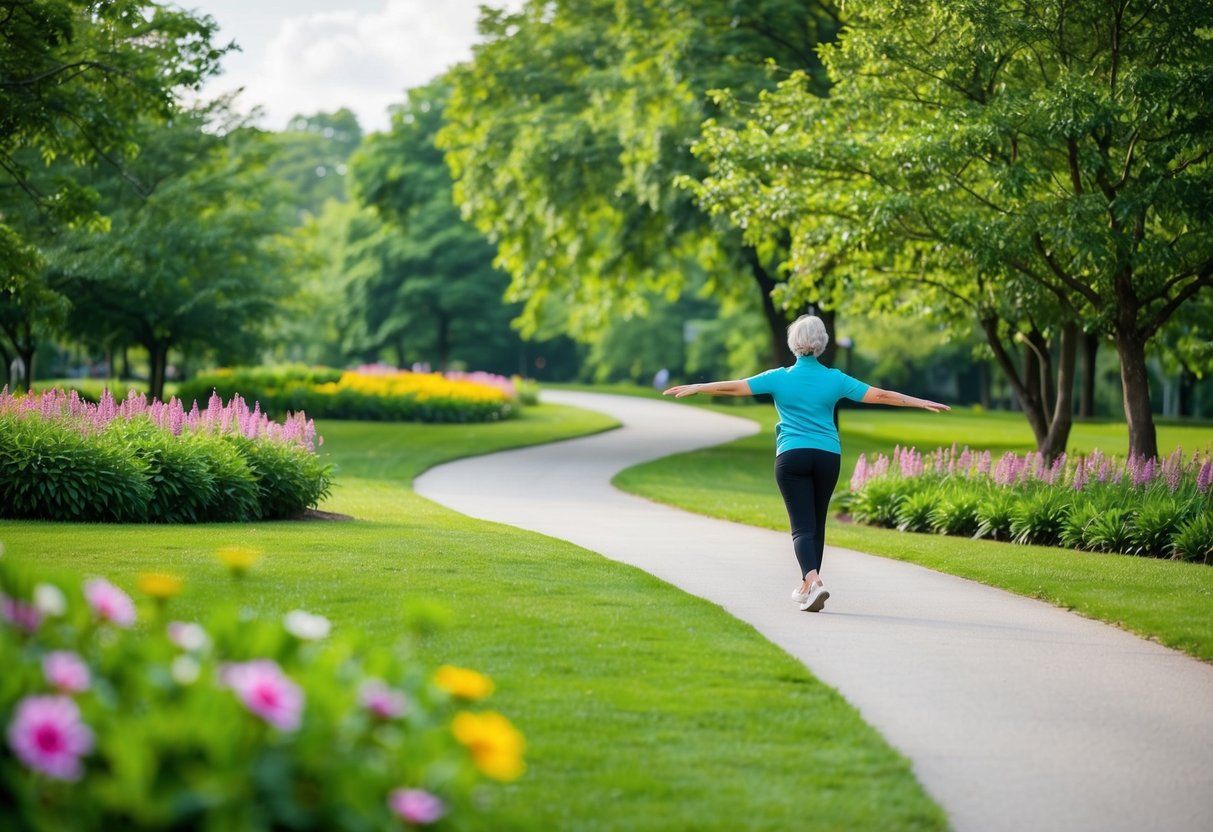 A serene park setting with a winding path, surrounded by lush greenery and vibrant flowers. A person is seen walking along the path, demonstrating proper posture and movement to prevent joint injuries