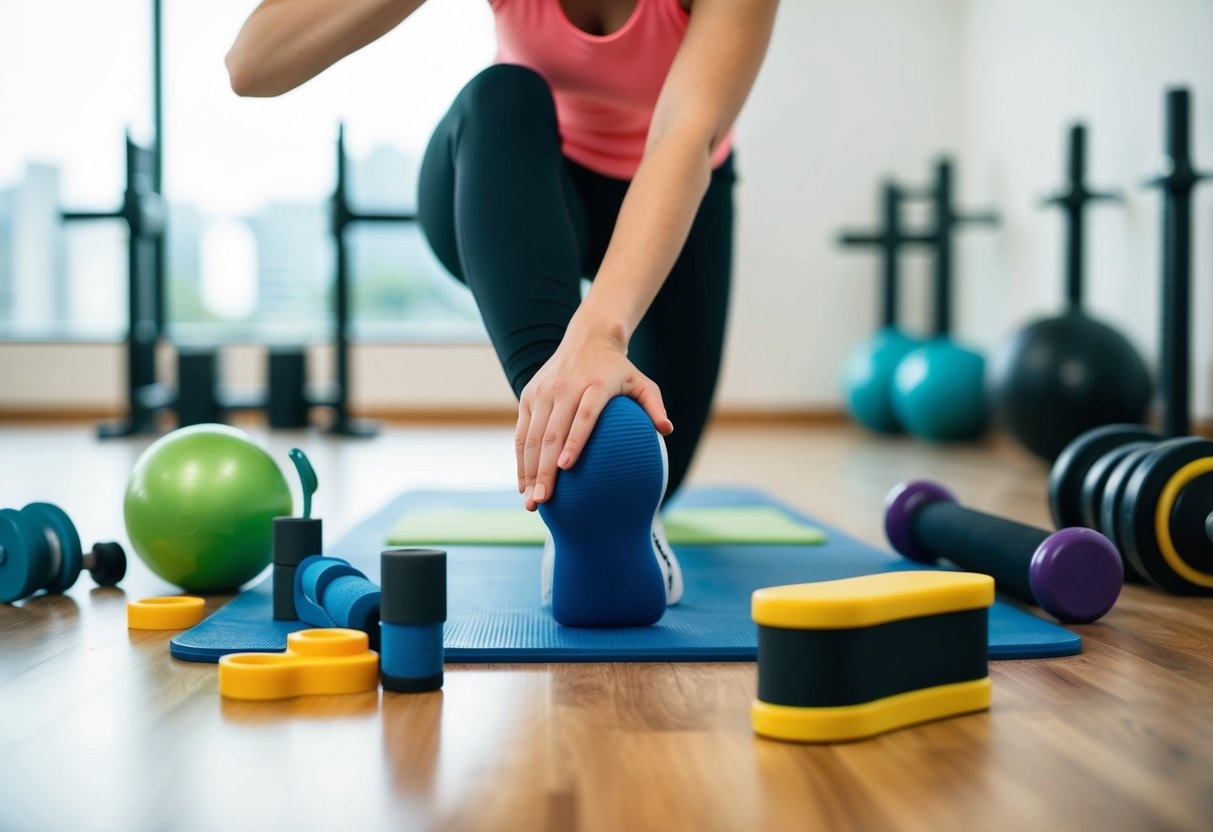 A person stretching before exercise, surrounded by various tools and equipment for joint support and injury prevention