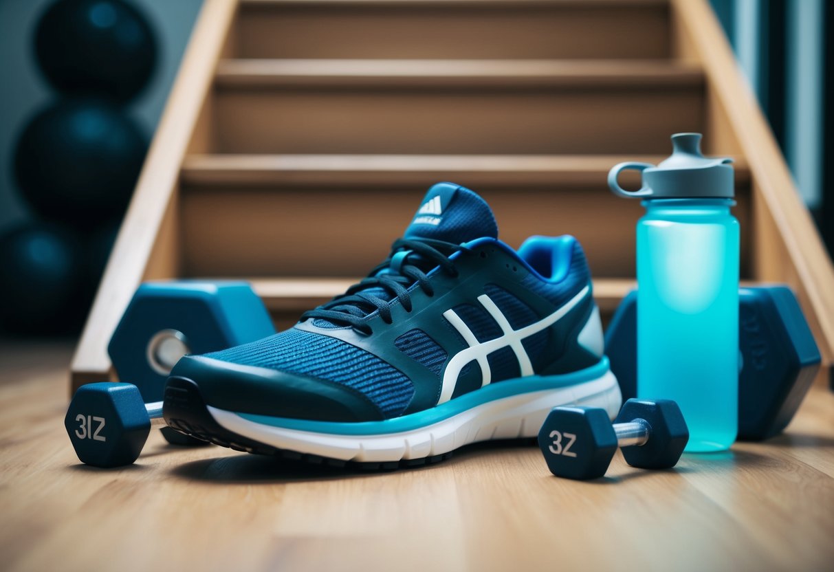 An athletic shoe surrounded by everyday objects like stairs, weights, and a water bottle, with a focus on preventing joint injuries