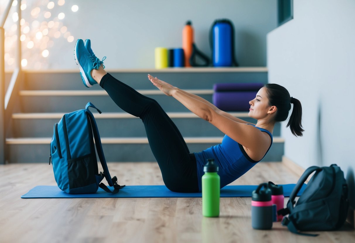 A person stretching before exercise, surrounded by everyday objects like a backpack, stairs, and a water bottle