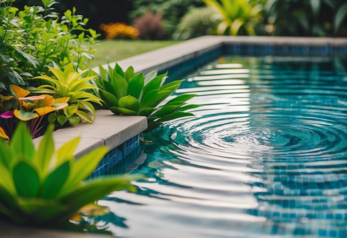 A serene pool with gentle ripples, surrounded by lush greenery and colorful aquatic plants, with a calm and peaceful atmosphere