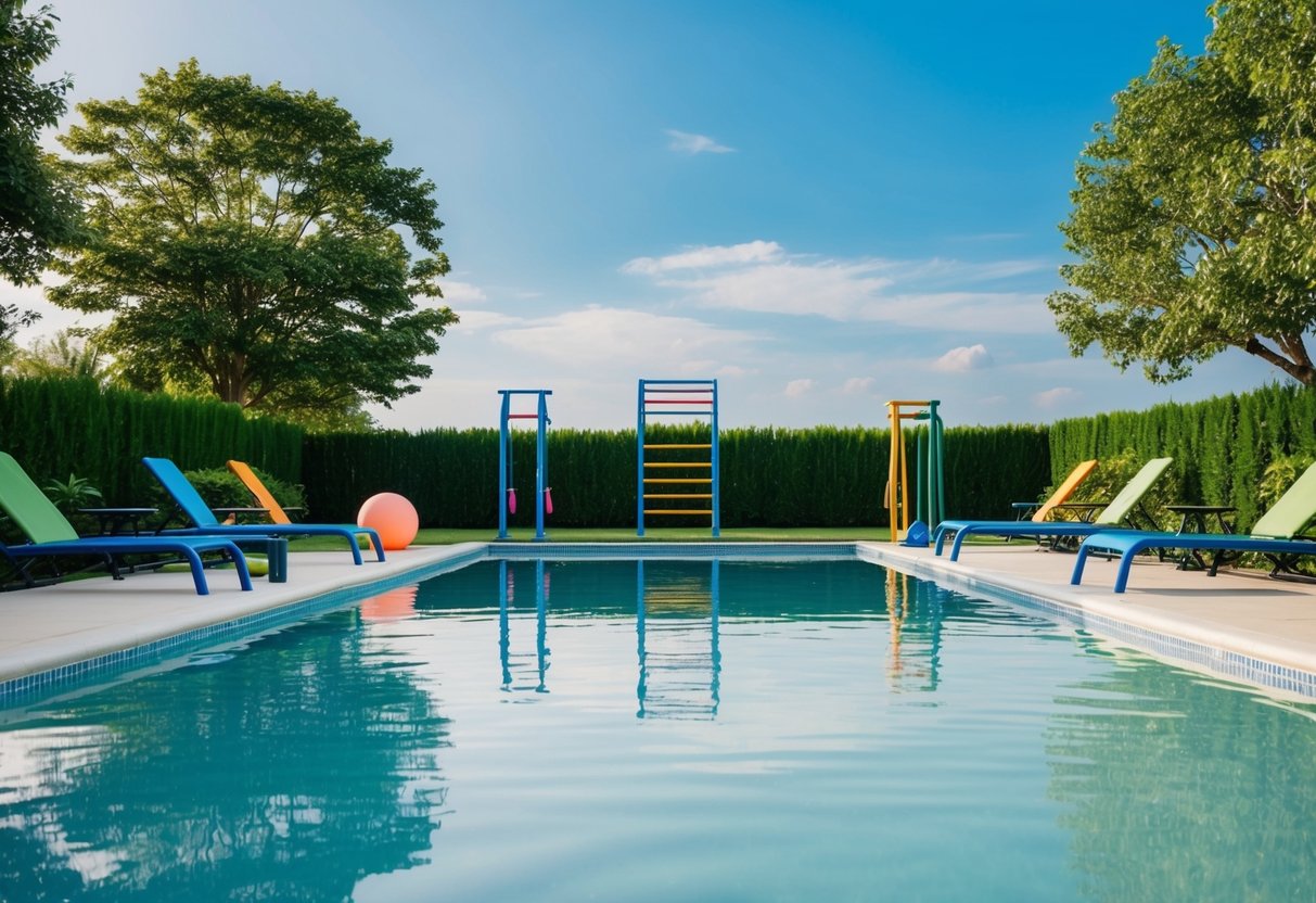 A serene pool with colorful exercise equipment and calm water, surrounded by lush greenery and a clear blue sky